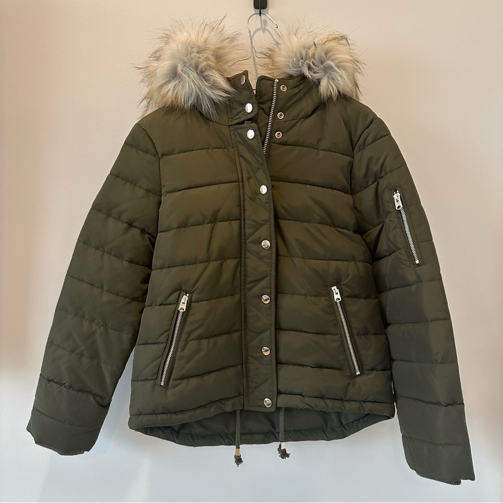Topshop Fur Lined Puffer Coat Hood Winter Ski Jacket Womens Size Small Green - Picture 3 of 13